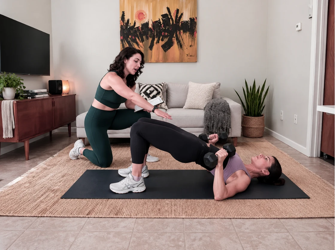 Personal trainer coaching a client through a strength exercise at home